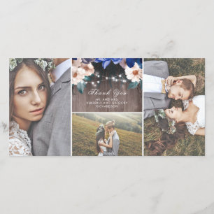 Rustic Floral String Lights Wood Wedding Thank You Card