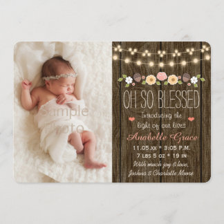 Rustic Floral String of Lights Birth Announcements