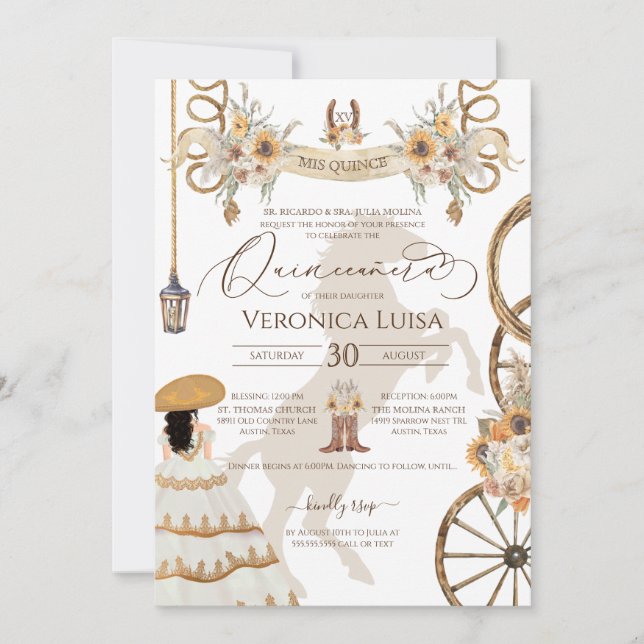 Rustic Floral Sunflower Charro Dress Quinceanera Invitation (Front)