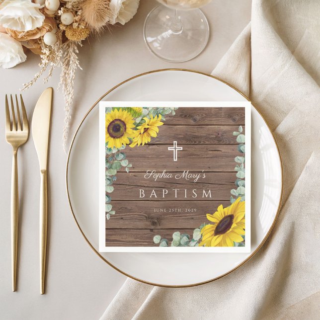 Rustic Floral Sunflower Cross  Baptism  Napkin (Rustic Floral Sunflower Cross Baptism Napkins)