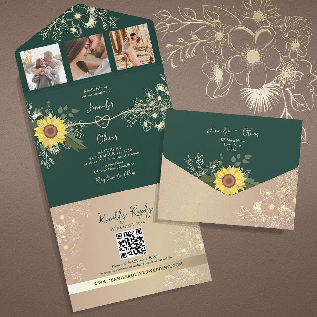 Rustic Floral Sunflower Emerald Green Wedding All In One Invitation (Creator Uploaded)