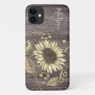 Rustic Floral Sunflower Monogram Name iPhone 11 Case