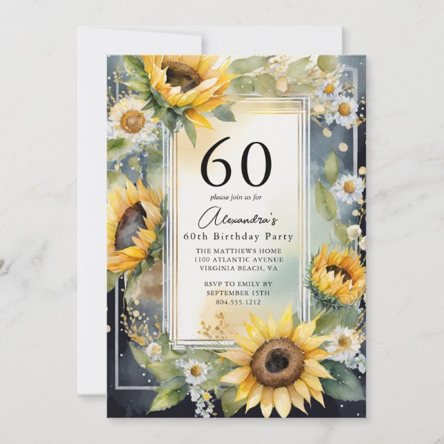 Rustic Floral Sunflower Script 60th Birthday  Invitation (Front)