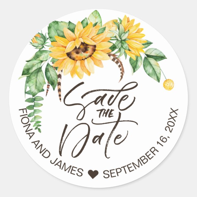 Rustic Floral Sunflower Wedding Save The Date Classic Round Sticker (Front)