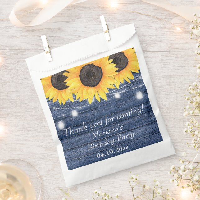 Rustic Floral Sunflowers Blue Birthday Party Favour Bag (Clipped)