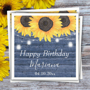 Rustic Floral Sunflowers Blue Birthday Party Napkin