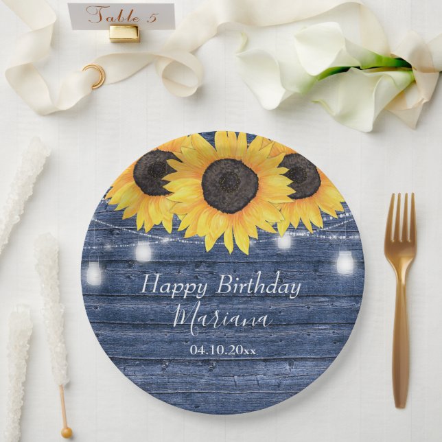 Rustic Floral Sunflowers Blue Birthday Party Paper Plate (Wedding)
