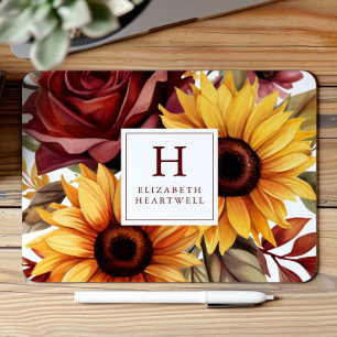 Rustic Floral Sunflowers Burgundy Monogram Mouse Pad