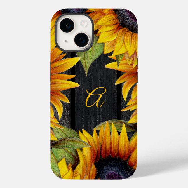 Rustic floral sunflowers yellow barn wood monogram Case-Mate iPhone case (Back)