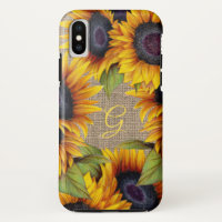 Rustic floral sunflowers yellow burlap monogram