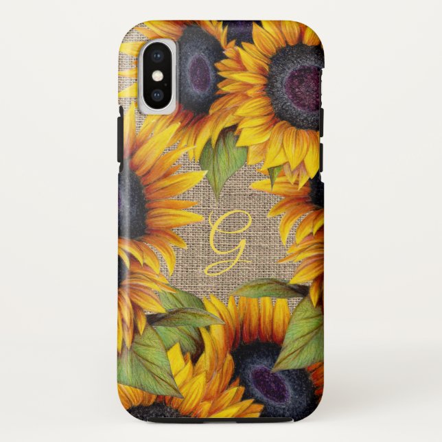 Rustic floral sunflowers yellow burlap monogram Case-Mate iPhone case (Back)