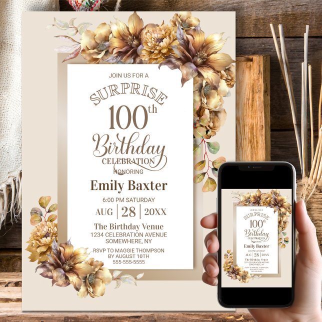 Rustic Floral Surprise 100th Birthday Party Invitation (Creator Uploaded)