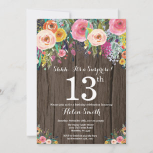 Rustic Floral Surprise 13th Birthday Invitation
