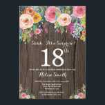 Rustic Floral Surprise 18th Birthday Invitation<br><div class="desc">Rustic Floral Surprise 18th Birthday Invitation for Women. Watercolor Floral Flower. Rustic Wood Country Vintage Retro Background. Pink, Yellow, Orange, Purple Flower. Adult Birthday. 13th 15th 16th 18th 20th 21st 30th 40th 50th 60th 70th 80th 90th 100th, Any Ages. For further customization, please click the "Customize it" button and use...</div>
