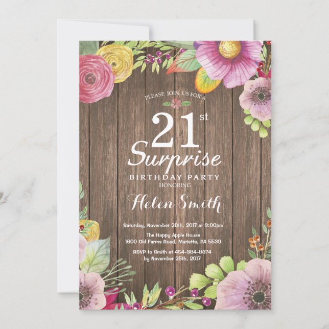 Rustic Floral Surprise 21st Birthday Invitation (Front)