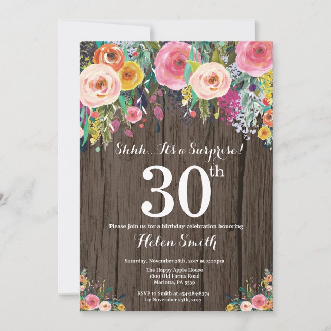 Rustic Floral Surprise 30th Birthday Invitation (Front)