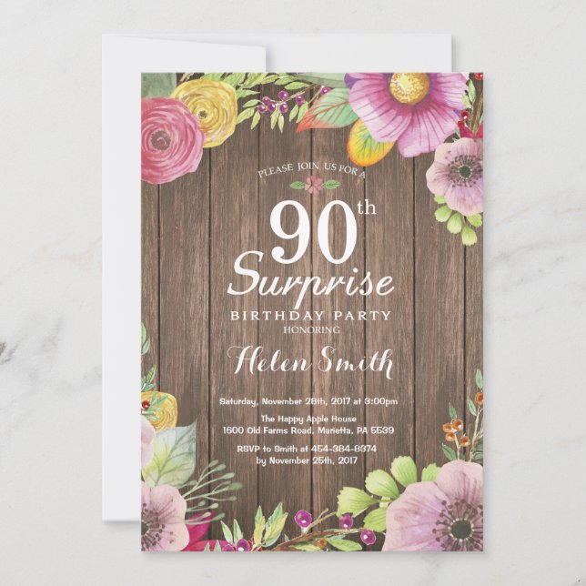 Rustic Floral Surprise 90th Birthday Invitation (Front)