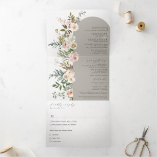 Rustic Floral Taupe All in One Wedding Tri-Fold Invitation