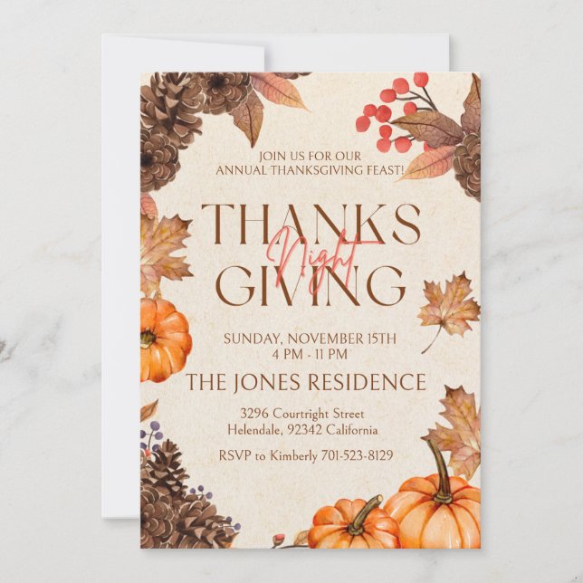 Rustic Floral Thanksgiving Dinner Pumpkin Invitation (Front)