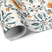 Rustic Floral Tile Wrapping Paper, Orange & Teal 