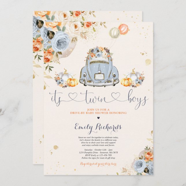 Rustic Floral Twin Pumpkin Drive By Baby Shower Invitation (Front/Back)