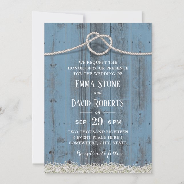 Rustic Floral Tying the Knot Dusty Blue Wedding Invitation (Front)