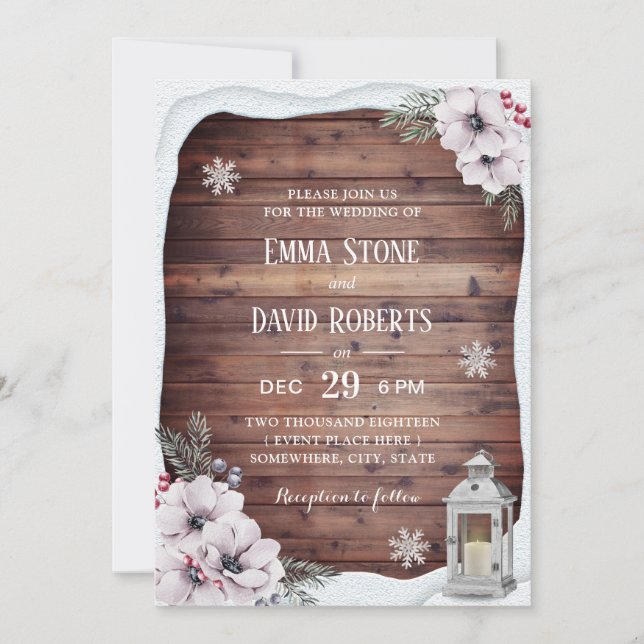 Rustic Floral Vintage Lantern Winter Wedding Invitation (Front)