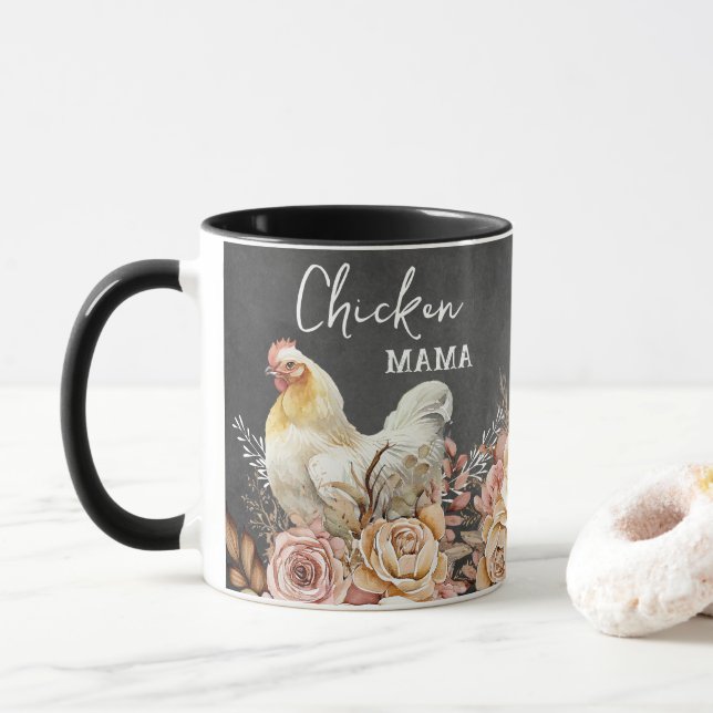 Rustic Floral Watercolor Chicken Mama Mug (With Donut)