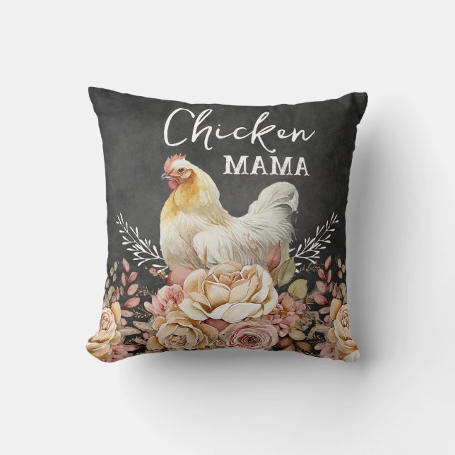 Rustic Floral Watercolor Chicken Mama Throw Pillow (Front)