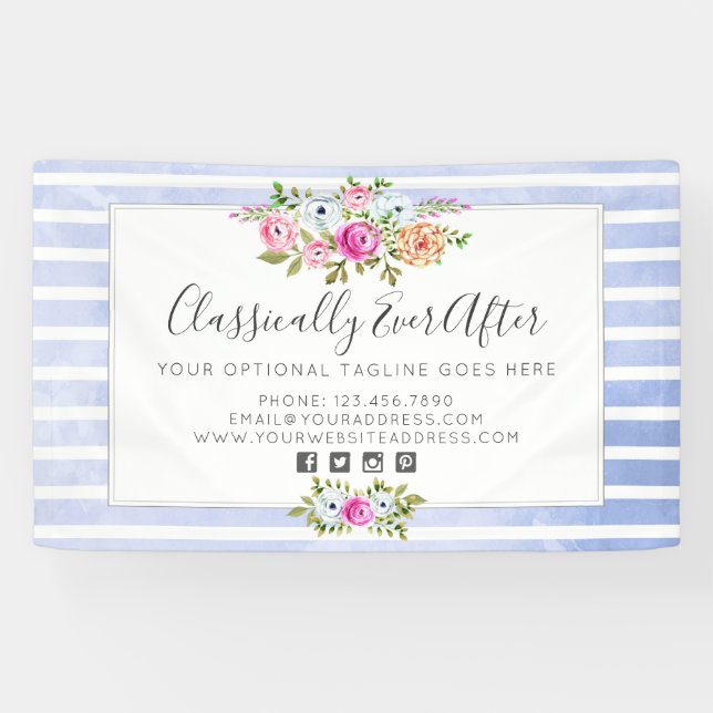 Rustic Floral Watercolor Modern Stripe Shabby Chic Banner (Horizontal)