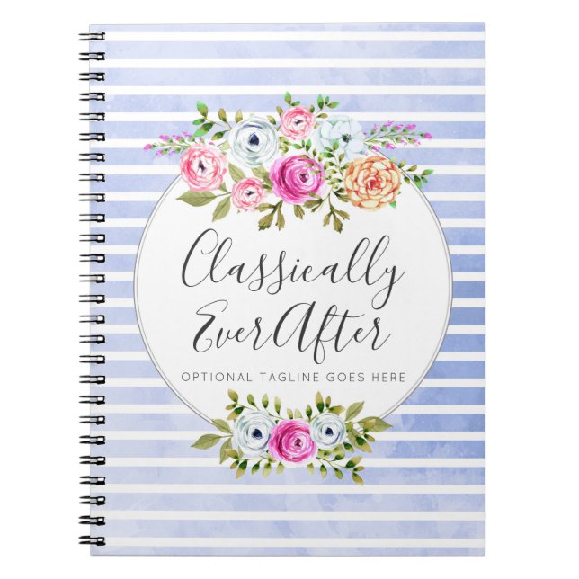 Rustic Floral Watercolor Modern Stripe Shabby Chic Notebook (Front)