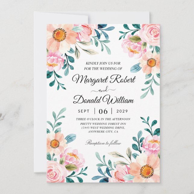 rustic floral watercolor wedding invitations (Front)