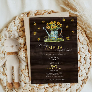 Rustic Floral Watering Can Baby Girl Shower Invitation