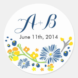 Rustic Floral Wedding Circle Sticker Navy
