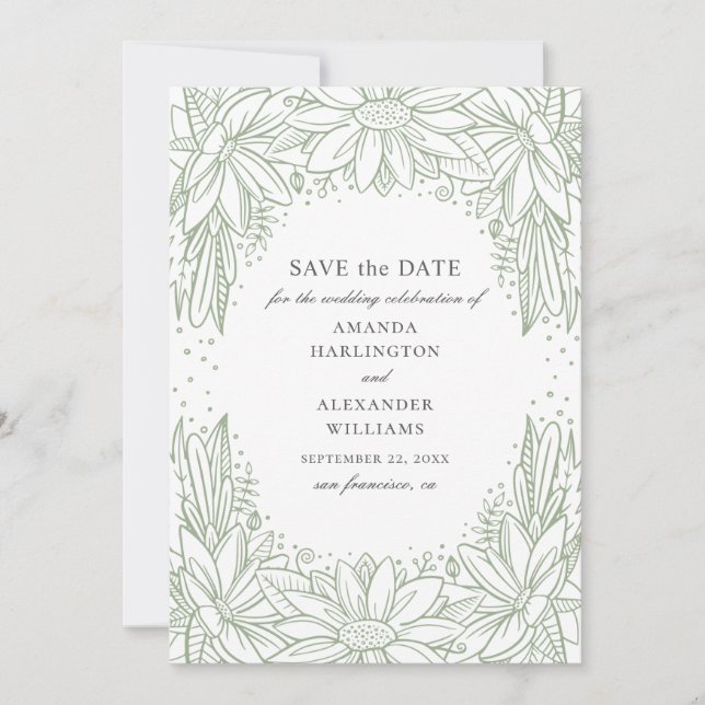 Rustic floral wedding. Country green flowers Save The Date (Front)