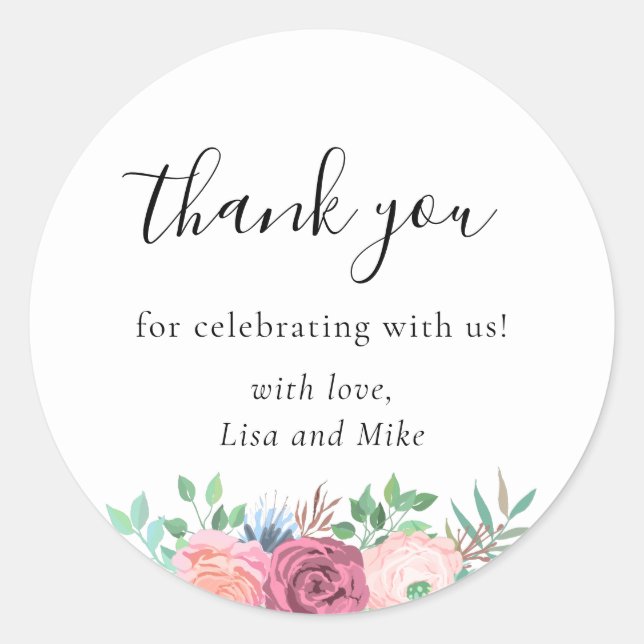 Rustic Floral Wedding Favour Thank You Classic Round Sticker (Front)
