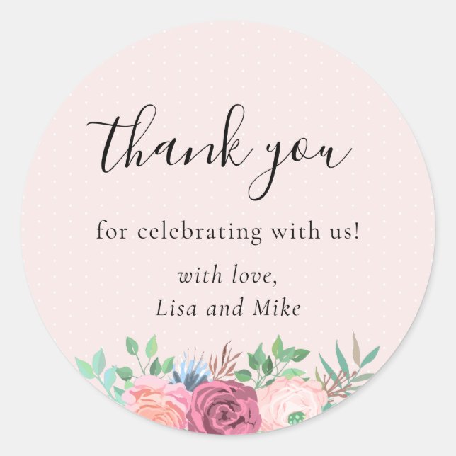 Rustic Floral Wedding Favour Thank You Pink Classic Round Sticker (Front)
