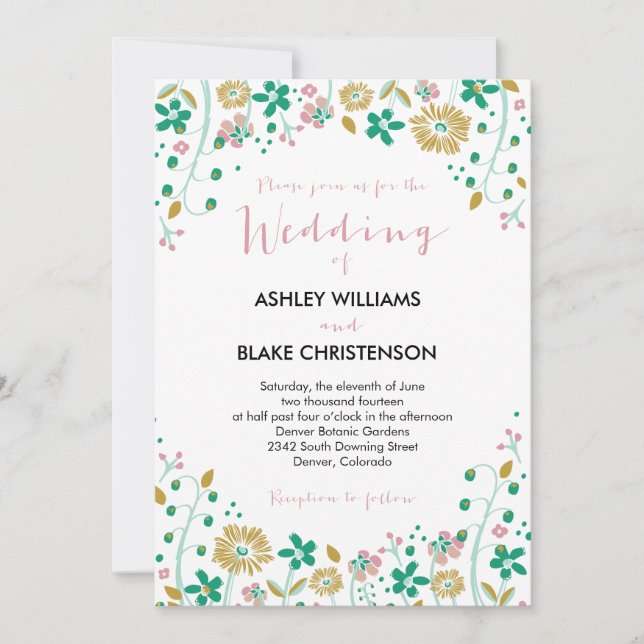 Rustic Floral Wedding Invitation Mint Gold (Front)