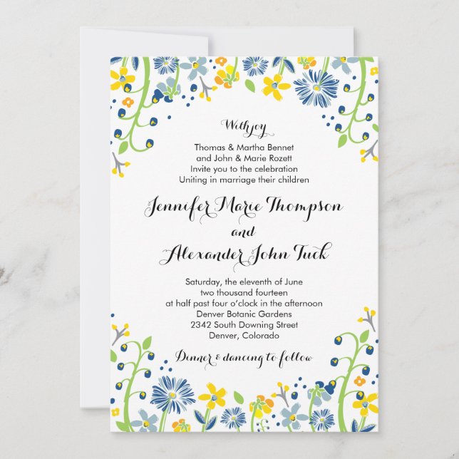 Rustic Floral Wedding Invitation Navy Yellow (Front)