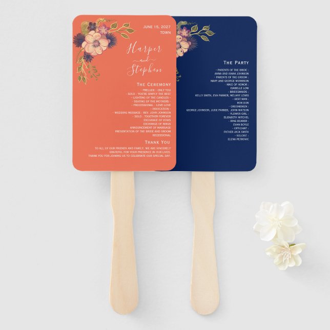 Rustic Floral Wedding Program Hand Fan (Front and Back)