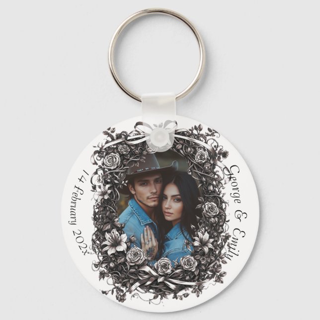Rustic Floral Wedding, sepia. Keychain (Front)