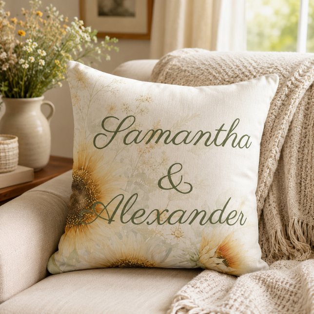 Rustic floral wedding sunflower themed throw pillow (Creator Uploaded)