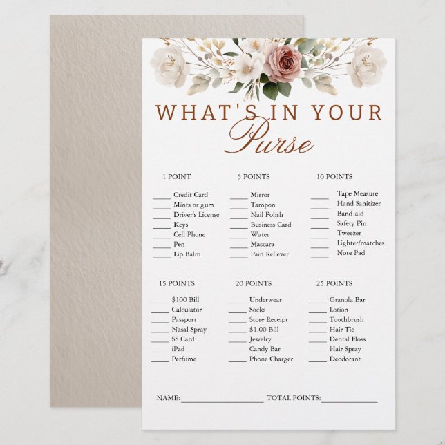 Rustic Floral What's In Your Purse Game Card (Front/Back)