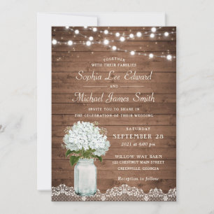 Rustic Floral White Hydrangea Mason Jar Lace Light Invitation