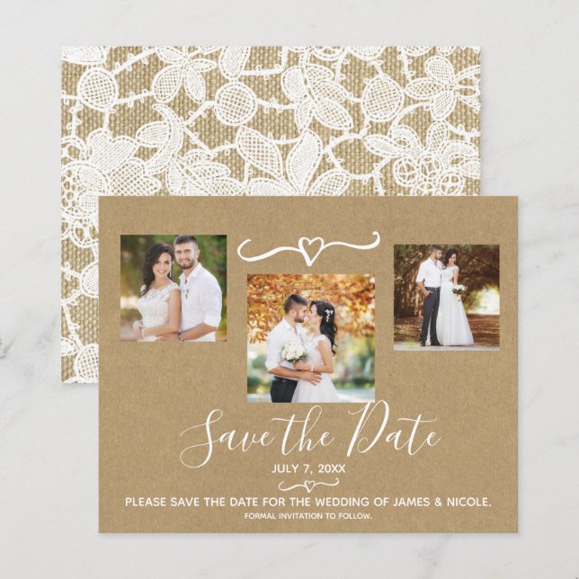 Rustic Floral White Lace Kraft Photo Save the Date (Front/Back)