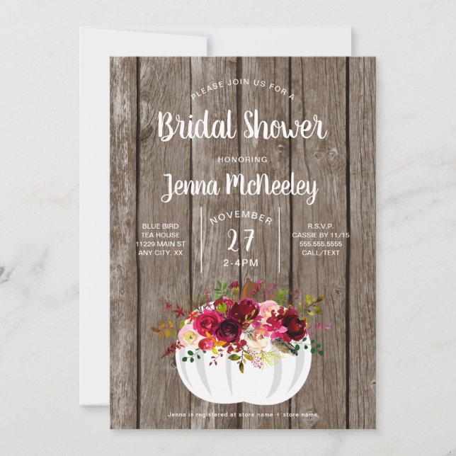 Rustic Floral White Pumpkin Bridal Shower Invitation (Front)