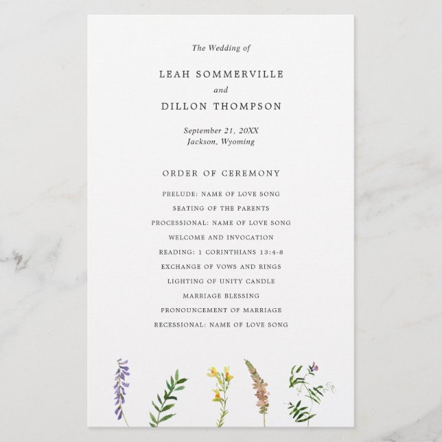 Rustic Floral Wildflower Budget Wedding Program (Front)
