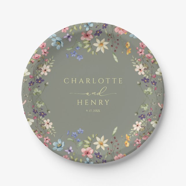 Rustic Floral Wildflowers Simple  Sage Wedding Paper Plate (Front)