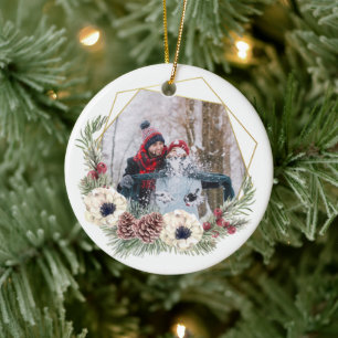 Rustic Floral Winter Family Photo Ceramic Ornament