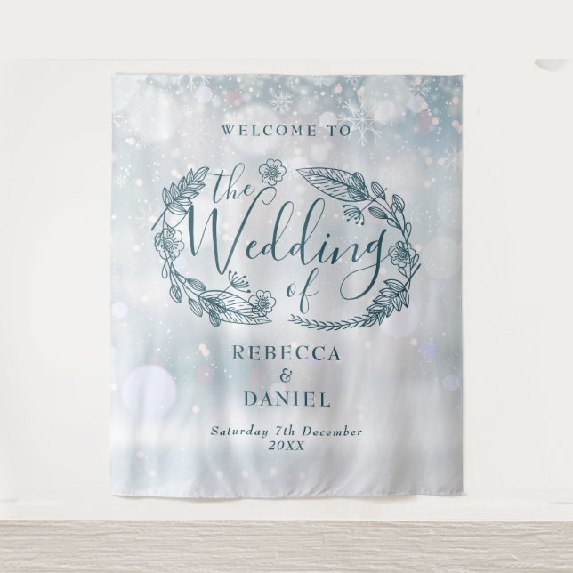 Rustic Floral Winter Wedding Backdrop Tapestry (Front)